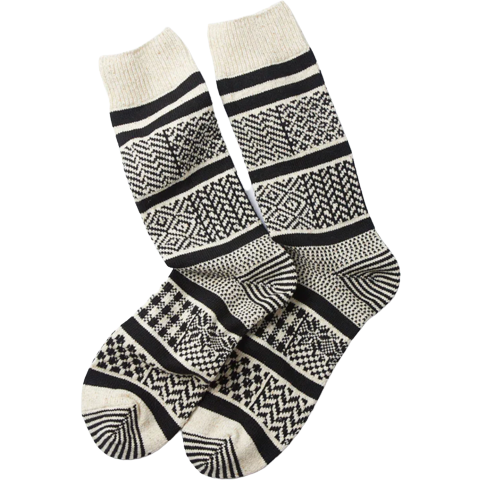 RoToTo Socks Multi Jacquard Crew Socks, Ivory/Black