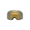 Front view of Oakley's Flight Deck goggles showcasing a reflective golden lens and black frame, designed with Ridgelock Technology for seamless compatibility.