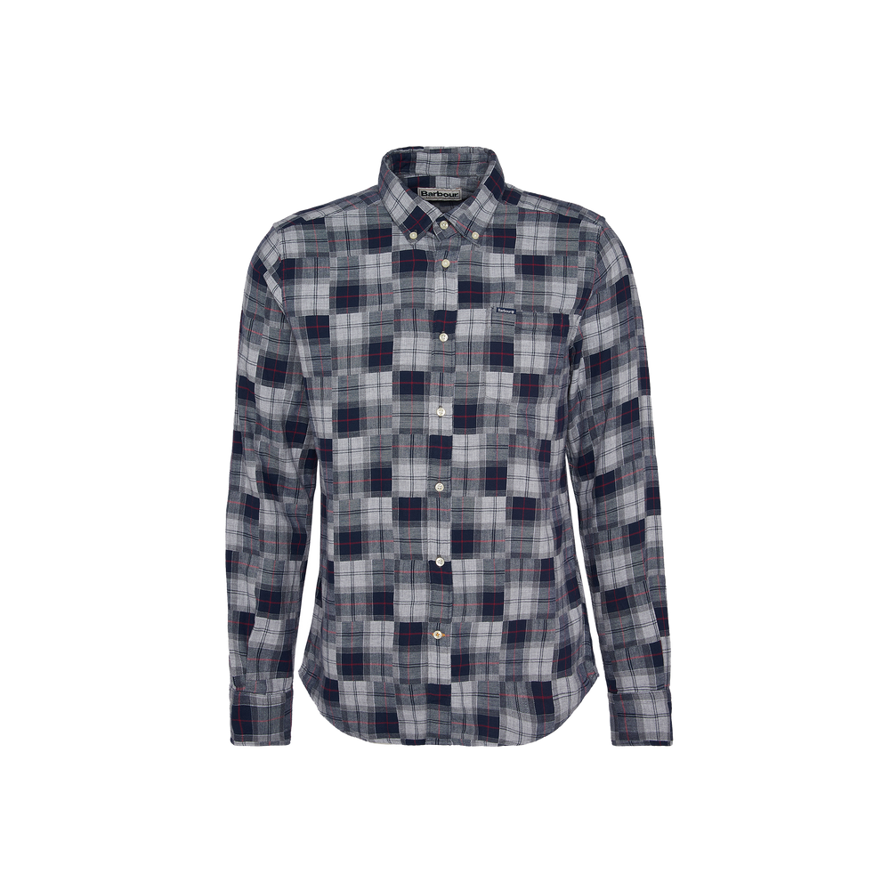 The Sault Tailored Long-Sleeved Shirt by Barbour boasts a striking patchwork tartan design featuring blue, white, and red checkered patterns. Crafted from 100% cotton, it includes a button-down front and a handy chest pocket.