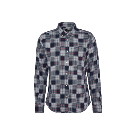 The Sault Tailored Long-Sleeved Shirt by Barbour boasts a striking patchwork tartan design featuring blue, white, and red checkered patterns. Crafted from 100% cotton, it includes a button-down front and a handy chest pocket.