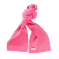 Le Bonnet bright pink ribbed knit lambswool scarf featuring a knot near the top, displayed on a plain white background.