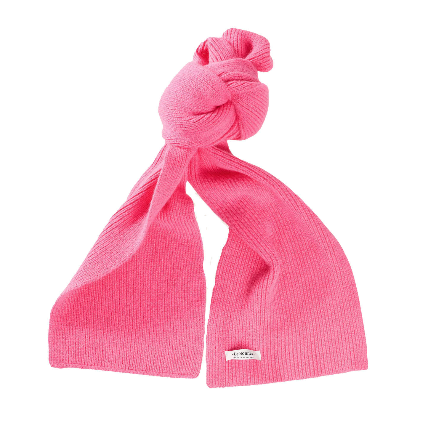 Le Bonnet bright pink ribbed knit lambswool scarf featuring a knot near the top, displayed on a plain white background.