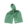 A green lambswool scarf by Le Bonnet, knitted and tied in a loose knot, with a small white label attached, handcrafted in Scotland.