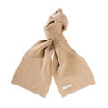 A tan ribbed scarf by Le Bonnet, crafted from luxurious lambswool and featuring a stylish knot at the top, is beautifully displayed against a black background, providing both warmth and elegance.