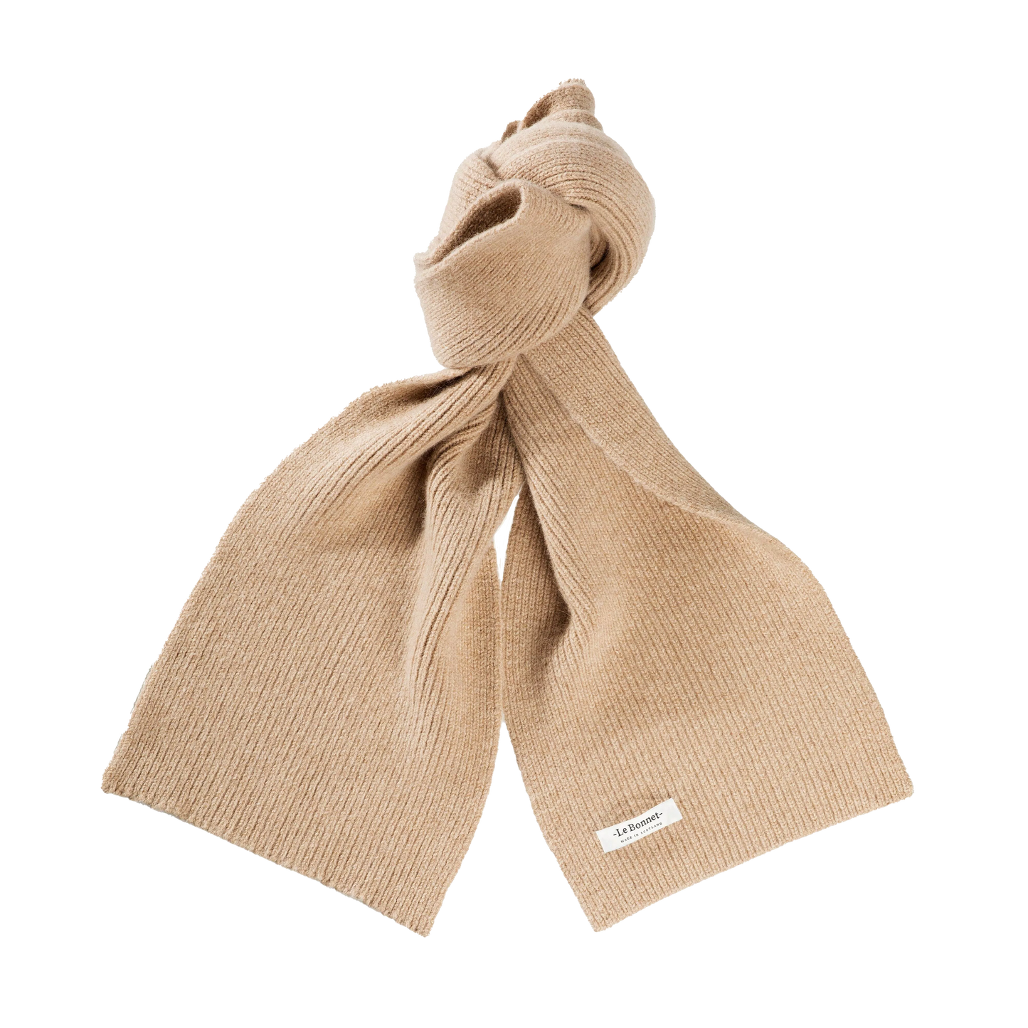 A tan ribbed scarf by Le Bonnet, crafted from luxurious lambswool and featuring a stylish knot at the top, is beautifully displayed against a black background, providing both warmth and elegance.