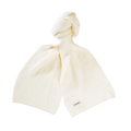 A cream-colored knitted scarf from Le Bonnet, crafted from 100% biodegradable lambswool, featuring a subtle ribbed pattern and knotted at the top.