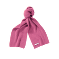 A biodegradable lambswool scarf from Le Bonnet, dyed a lovely pink, features a small white label and sits against a pristine white background. Tied in a loose knot at the top, this eco-friendly accessory combines sustainability with style.