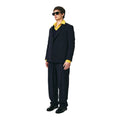 A person wearing a sleek, genderless black suit with a yellow shirt, black shoes, and dark sunglasses stands against a plain white background. The suit includes the Double Breast Blazer Tropical Wool by Seven Gauge in Blu.