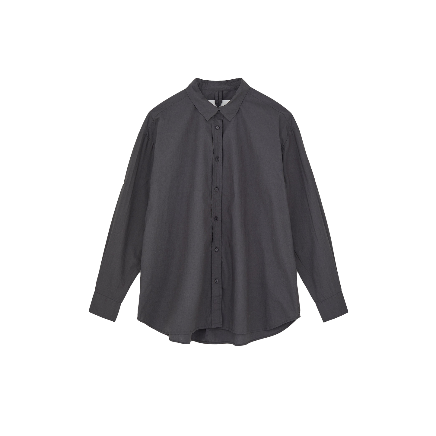 A Classic Chetna Cotton Shirt by Aiayu, featuring a black color, long sleeves, organic cotton material, a collar, and a relaxed fit, displayed on a white background.