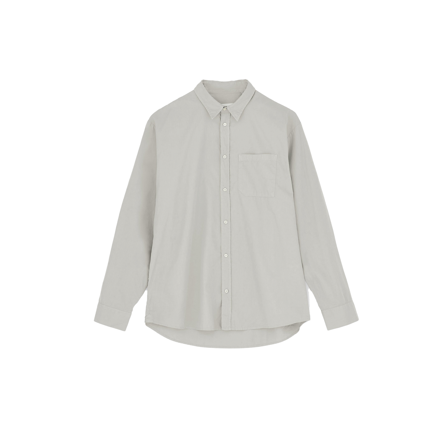 The Classic Chetna Cotton Shirt by Aiayu, a light gray button-up made from organic cotton and featuring a front pocket, is displayed against a solid black background.