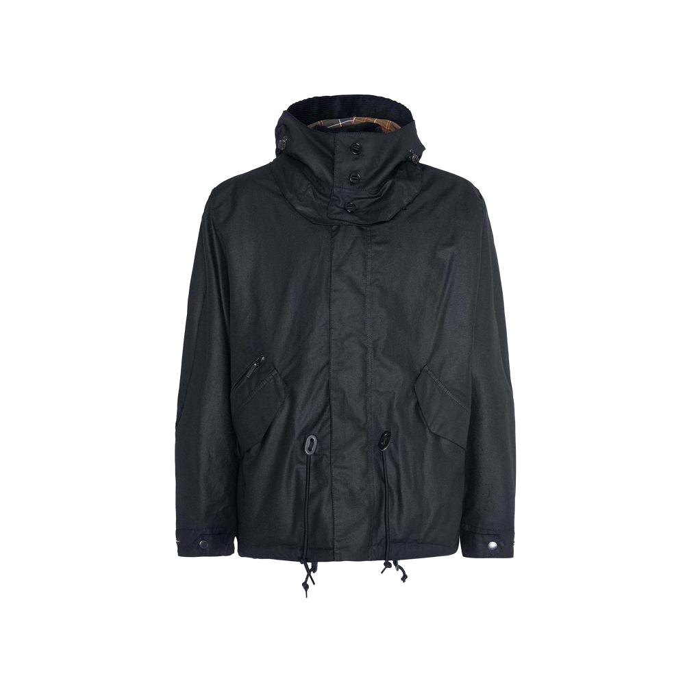 The Barbour Short Wind Waxed Parka is a black hooded jacket crafted from 6oz waxed cotton, featuring front pockets, button and zipper closure, along with adjustable drawstrings at the waist and hem—ideal for outdoor adventures.