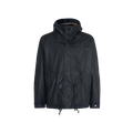 The Barbour Short Wind Waxed Parka is a black hooded jacket crafted from 6oz waxed cotton, featuring front pockets, button and zipper closure, along with adjustable drawstrings at the waist and hem—ideal for outdoor adventures.