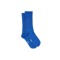 Indulge in luxury with Aiayu's Silk Socks in blue, designed for ultimate comfort and style. These breathable crew socks showcase white text near the toes against a plain background.