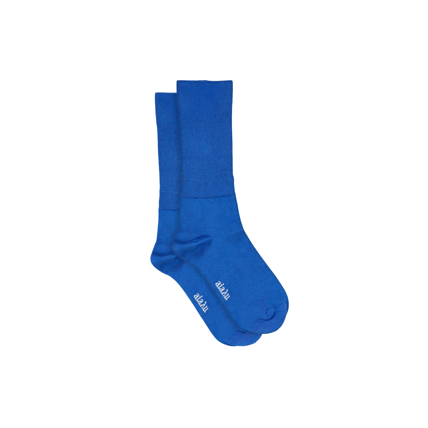 Indulge in luxury with Aiayu's Silk Socks in blue, designed for ultimate comfort and style. These breathable crew socks showcase white text near the toes against a plain background.