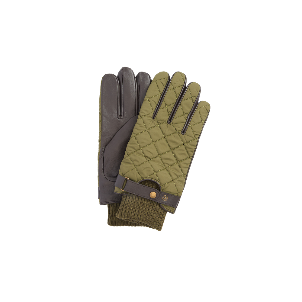 A pair of green and brown quilted Singsby Gloves from Barbour, featuring a buckle strap on one wrist.