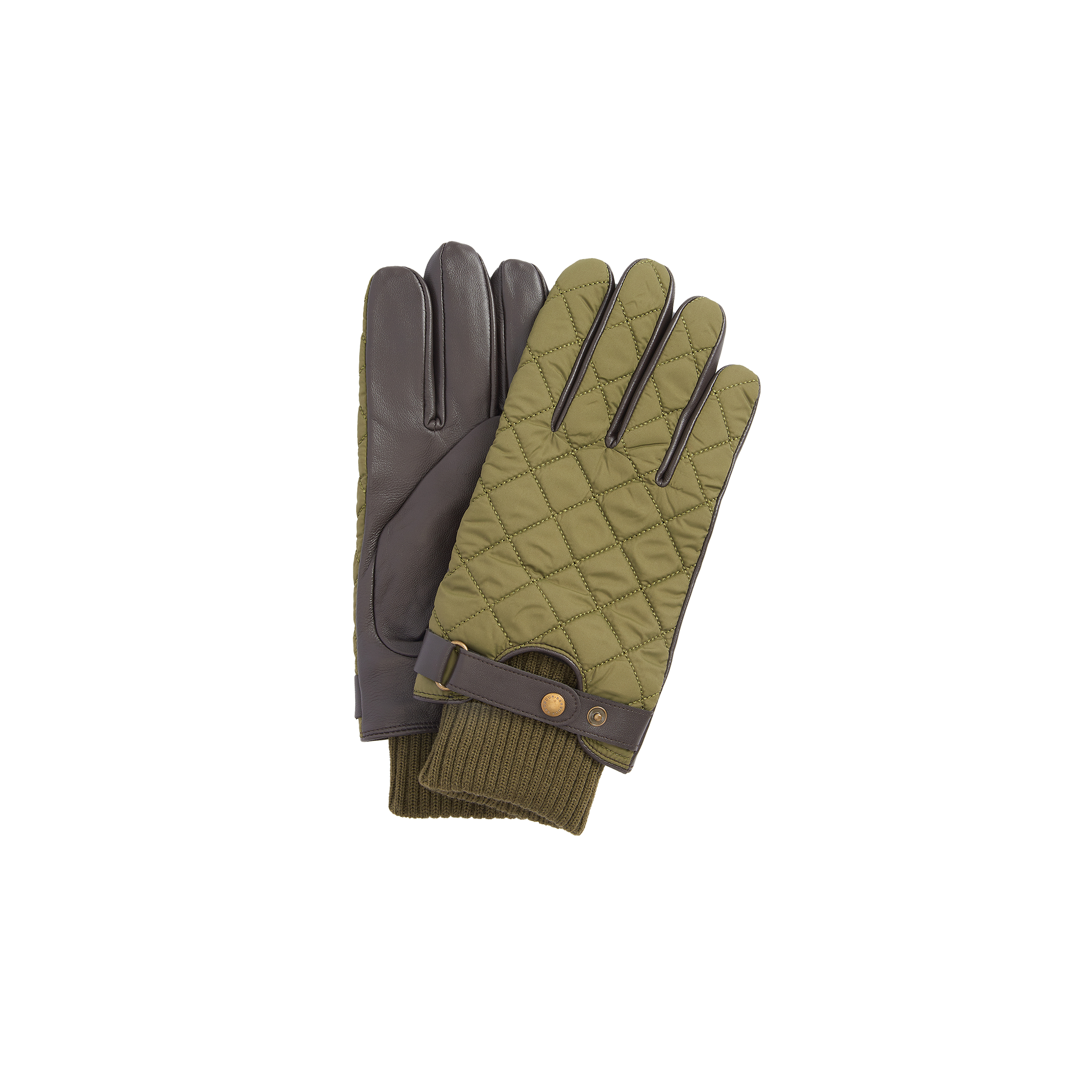 A pair of green and brown quilted Singsby Gloves from Barbour, featuring a buckle strap on one wrist.