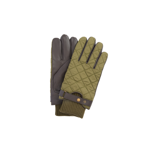 A pair of green and brown quilted Singsby Gloves from Barbour, featuring a buckle strap on one wrist.