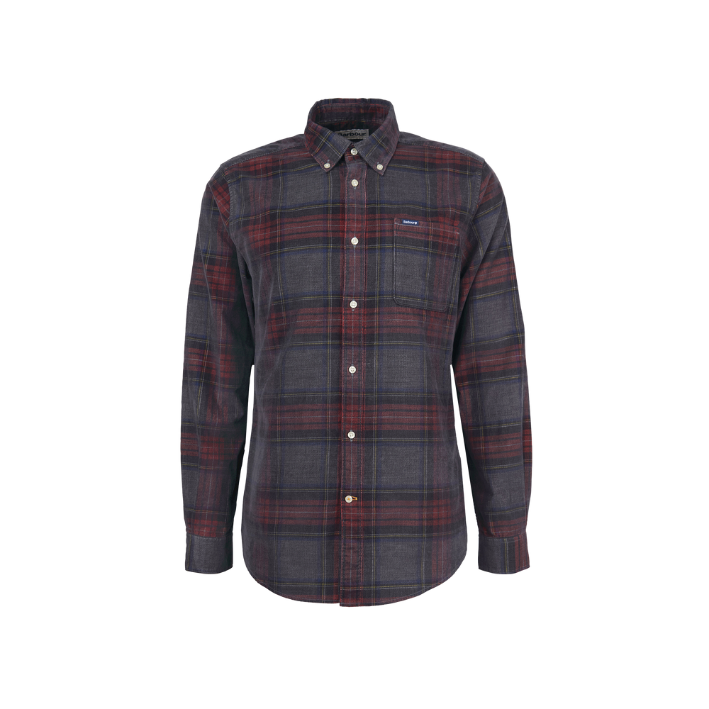 The Southfield Tailored Shirt by Barbour is a long-sleeve flannel shirt featuring a button-down collar, red, black, and grey plaid pattern, and a front chest pocket.