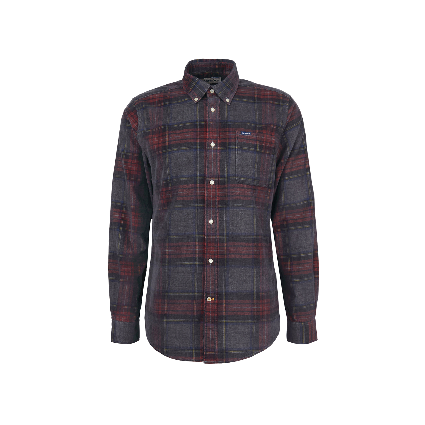 The Southfield Tailored Shirt by Barbour is a long-sleeve flannel shirt featuring a button-down collar, red, black, and grey plaid pattern, and a front chest pocket.