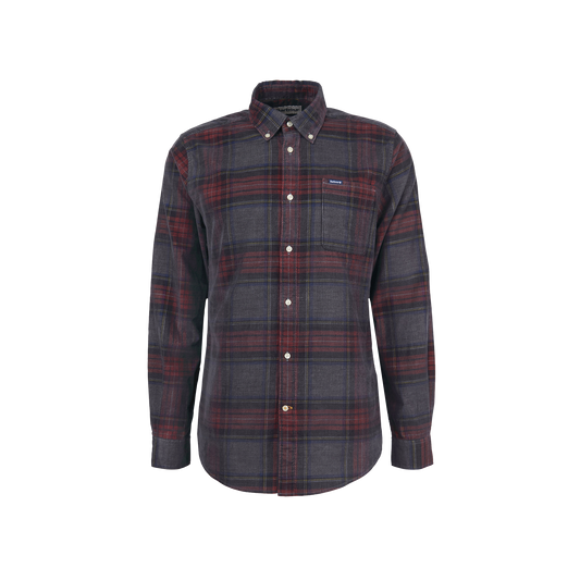 The Southfield Tailored Shirt by Barbour is a long-sleeve flannel shirt featuring a button-down collar, red, black, and grey plaid pattern, and a front chest pocket.