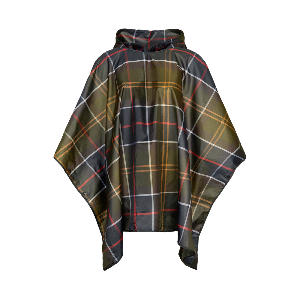 The Tartan Showerproof Poncho by Barbour is a hooded, waterproof poncho featuring a classic tartan pattern in green, red, yellow, and white on a black background. It is suitable for unisex wear.