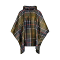 The Tartan Showerproof Poncho by Barbour is a hooded, waterproof poncho featuring a classic tartan pattern in green, red, yellow, and white on a black background. It is suitable for unisex wear.