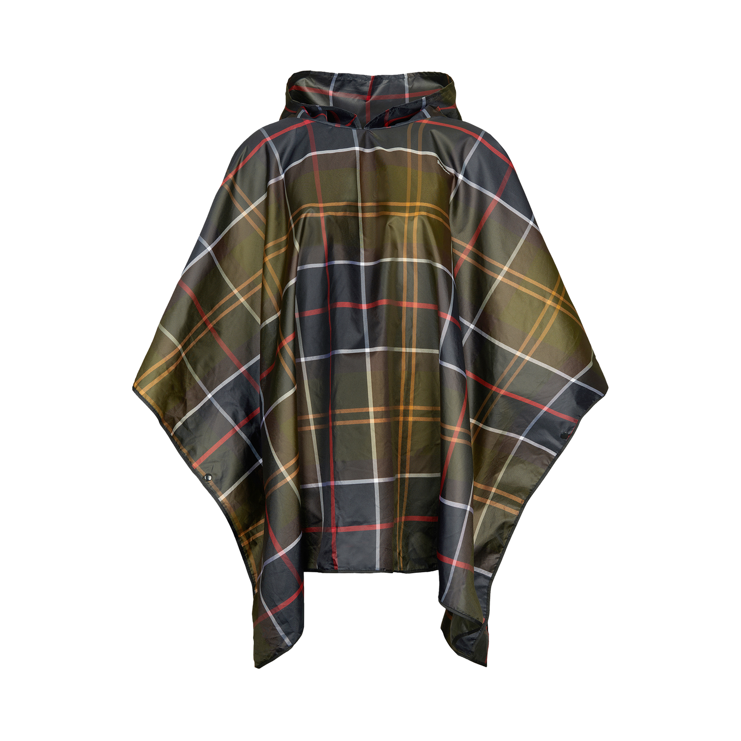 The Tartan Showerproof Poncho by Barbour is a hooded, waterproof poncho featuring a classic tartan pattern in green, red, yellow, and white on a black background. It is suitable for unisex wear.