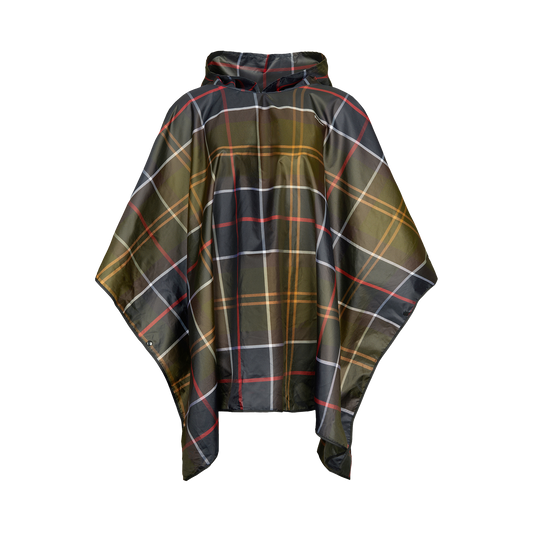 The Tartan Showerproof Poncho by Barbour is a hooded, waterproof poncho featuring a classic tartan pattern in green, red, yellow, and white on a black background. It is suitable for unisex wear.