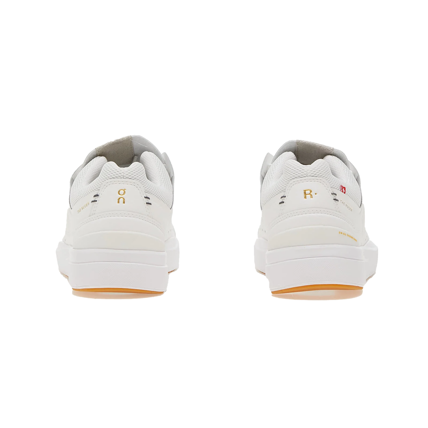 Rear view of the Women's The Roger Centre Court 2 sneakers by On Running, featuring white color with gray accents and gum soles for a blend of stability and comfort. Echoing the style reminiscent of Roger Federer, they stand out against a black background.