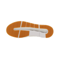 View of the sole of the Women's The Roger Centre Court 2 by On Running, showcasing white material with orange rubber sections for grip patterns that ensure stability and comfort, set against a black background.