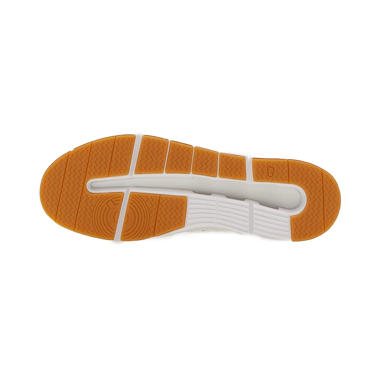 View of the sole of the Women's The Roger Centre Court 2 by On Running, showcasing white material with orange rubber sections for grip patterns that ensure stability and comfort, set against a black background.