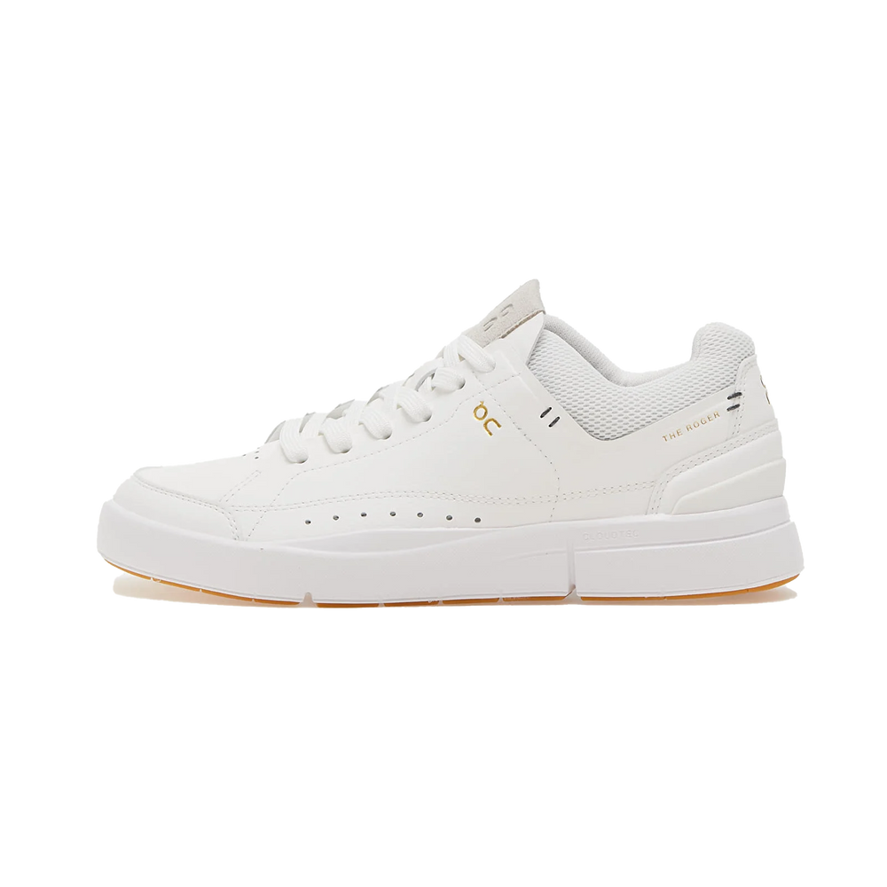 The Women's The Roger Centre Court 2 by On Running is a white low-top court sneaker featuring a textured sole for stability and comfort, complete with subtle perforations and a classic lace-up design.