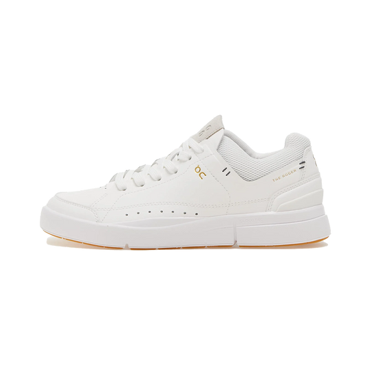 The Women's The Roger Centre Court 2 by On Running is a white low-top court sneaker featuring a textured sole for stability and comfort, complete with subtle perforations and a classic lace-up design.