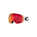 Oakley Flight Deck Goggles, featuring seamless compatibility with Flight Deck helmets and Ridgelock Technology for easy lens swapping, are showcased against a plain background. They come in red with a white and black adjustable strap.