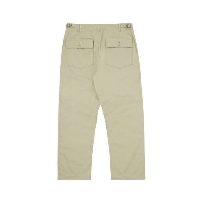 The Universal Works Fatigue Pant Twill in Stone features two back pockets and belt loops, shown from the rear.