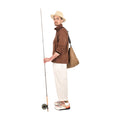 A person wearing a brown jacket, Oxford Pant in Ecru by Universal Works, and a hat is holding a fishing rod with a bag over their shoulder, standing on a white background.