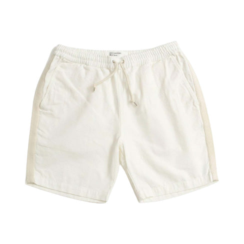 Ecru, above-the-knee Beach Shorts by Universal Works with an elastic waistband, drawstring, and side pockets lie flat on a white background. Ideal for a comfortable beach day or casual outing.