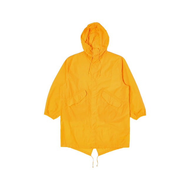 The Beach Parka, Orange by Universal Works is a long-sleeve hooded raincoat with front pockets, displayed flat against a white background.