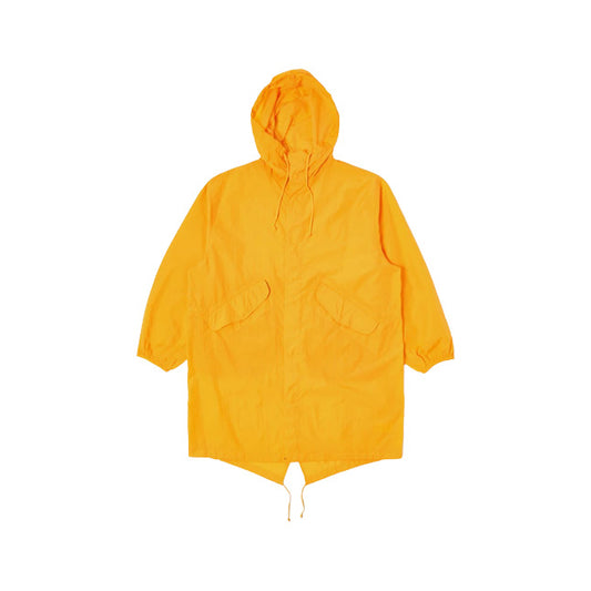 The Beach Parka, Orange by Universal Works is a long-sleeve hooded raincoat with front pockets, displayed flat against a white background.