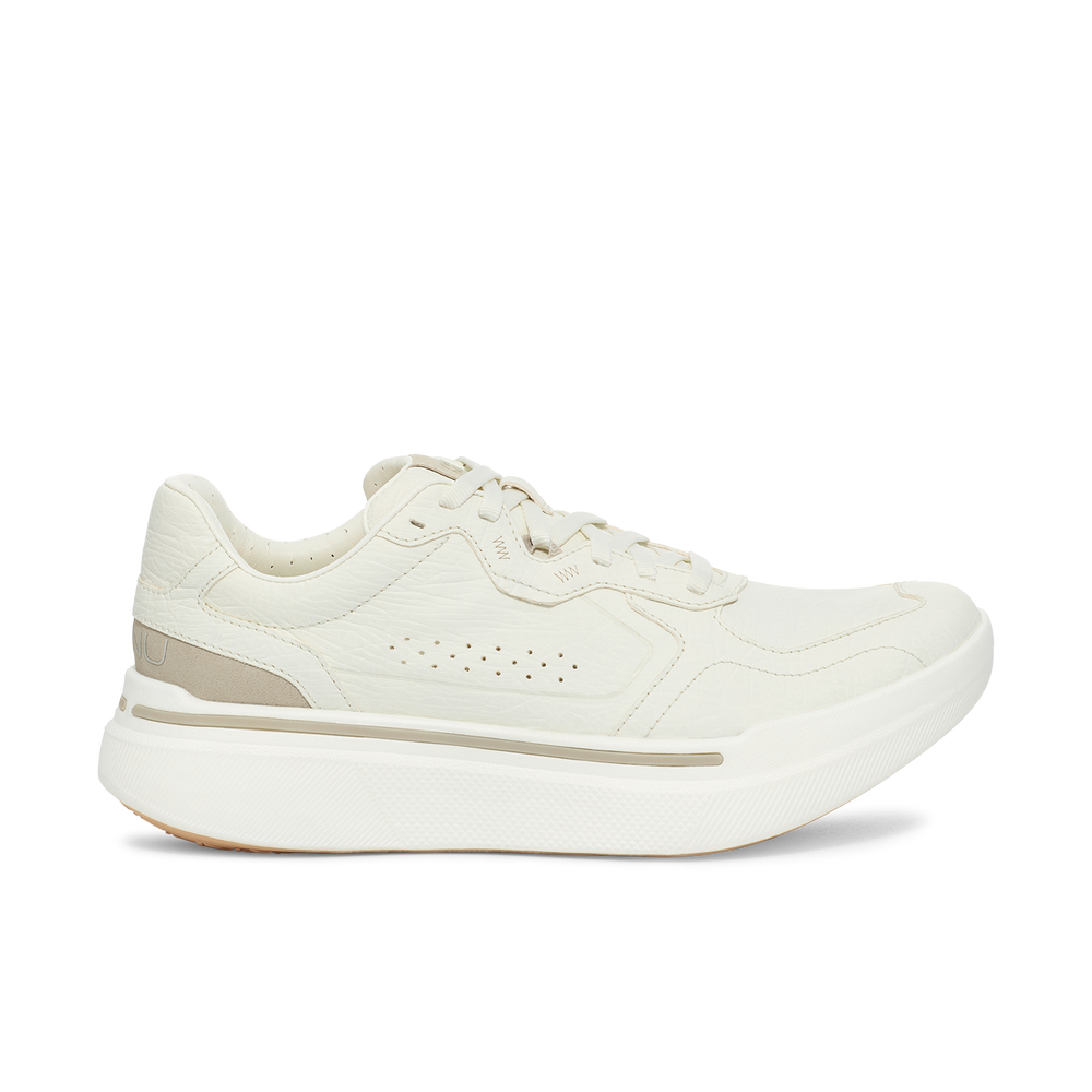 The AHNU U Sequence Sport in white features a textured upper, ventilation perforations, and a thick, cushioned sole.