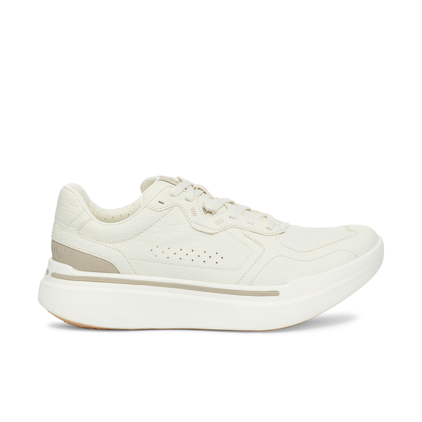 The AHNU U Sequence Sport in white features a textured upper, ventilation perforations, and a thick, cushioned sole.