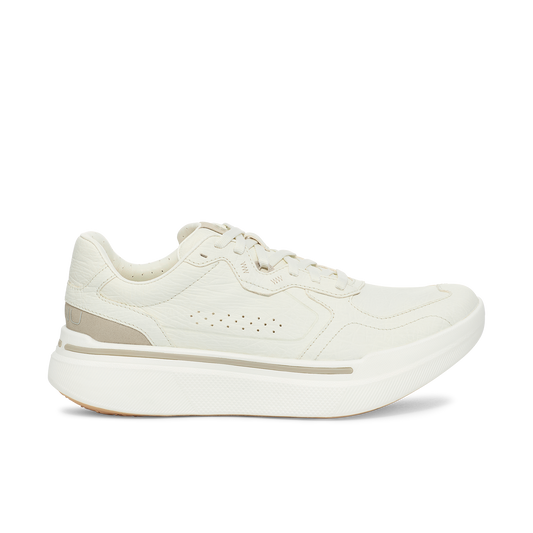 The AHNU U Sequence Sport in white features a textured upper, ventilation perforations, and a thick, cushioned sole.