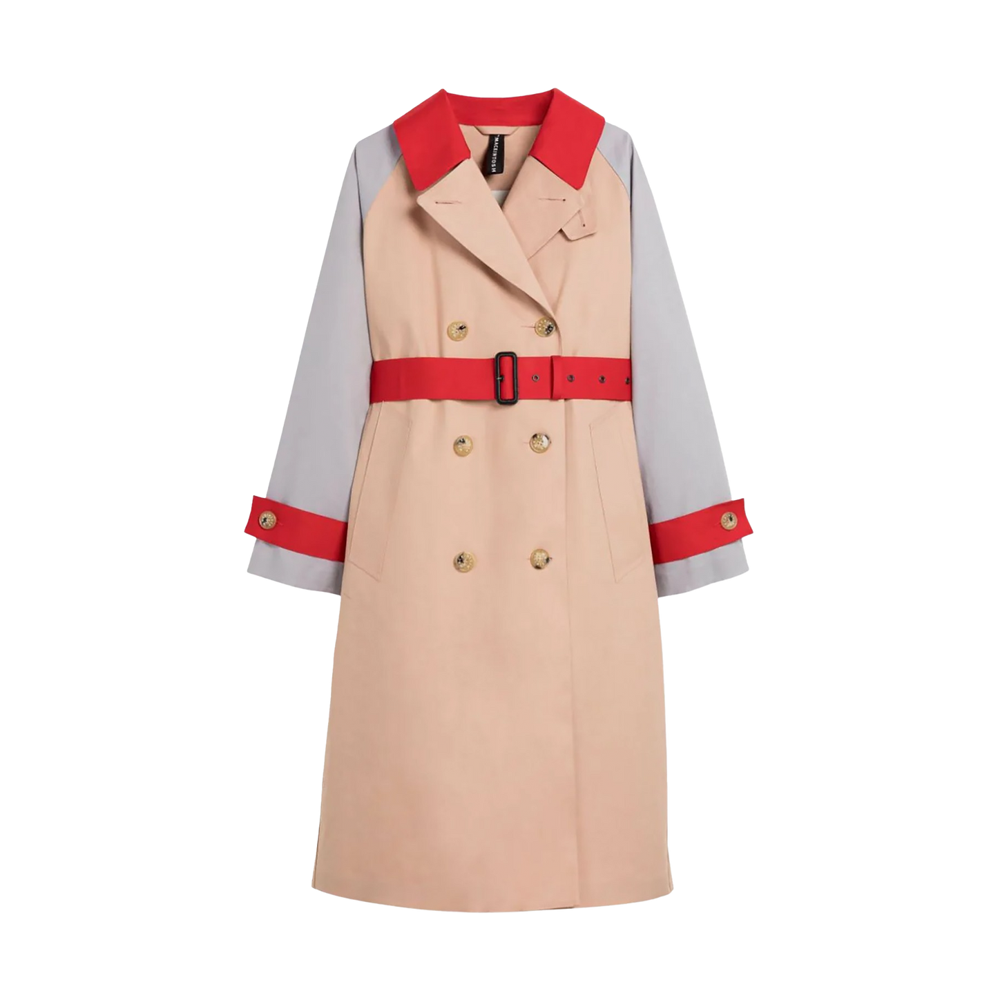 The Mackintosh W Ava trench coat, featuring a beige front, red collar, buckled belt, gold buttons, and light blue sleeves, captures the timeless appeal of classic Mackintosh style.