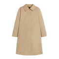 Product Description: The W Banton by Mackintosh is a beige, knee-length trench coat with an A-line silhouette. It is crafted from water-repellent cotton and features a single-breasted design with side pockets, showcased beautifully on a white background.