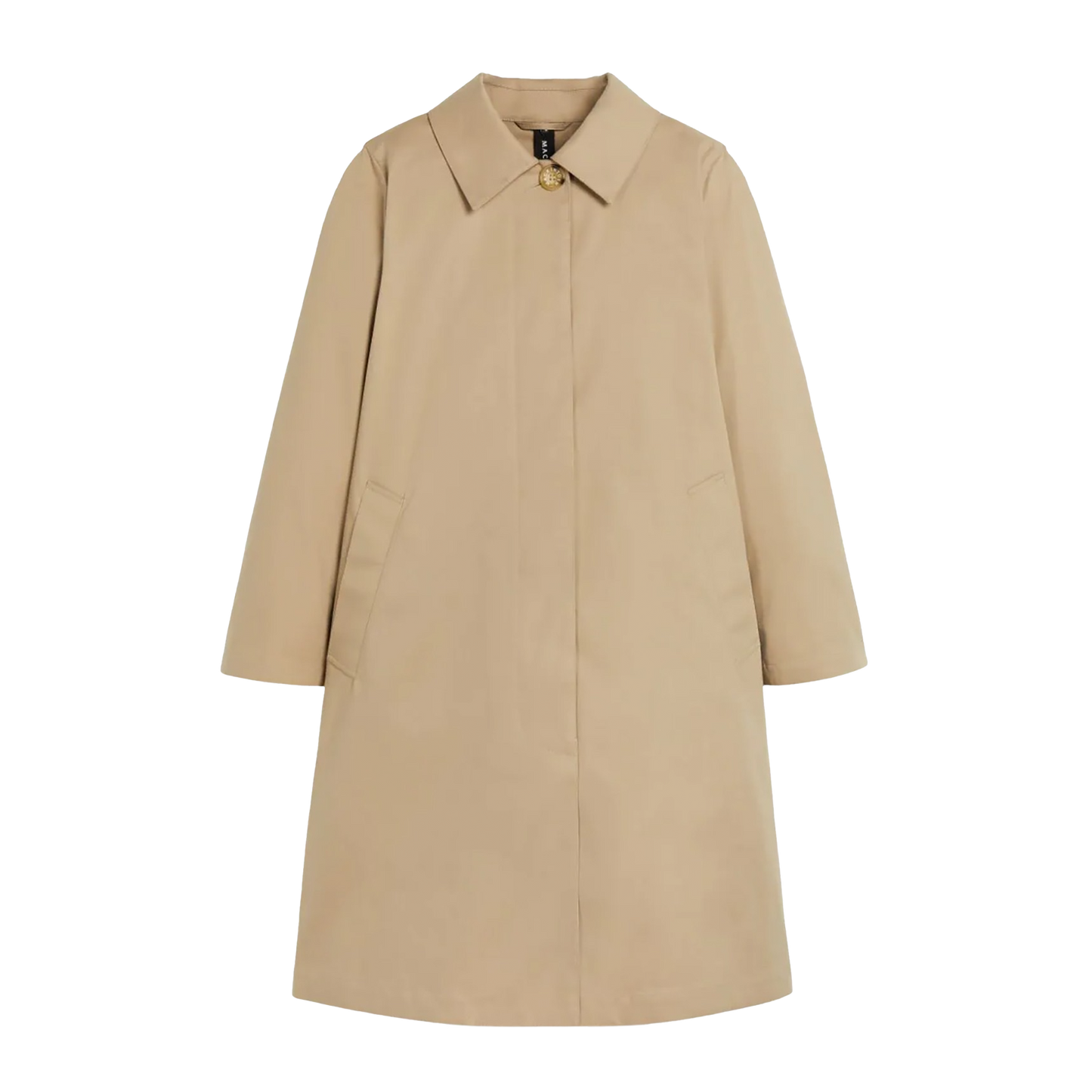 Product Description: The W Banton by Mackintosh is a beige, knee-length trench coat with an A-line silhouette. It is crafted from water-repellent cotton and features a single-breasted design with side pockets, showcased beautifully on a white background.