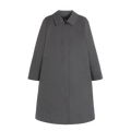 Introducing the W Banton by Mackintosh: a gray long coat with a classic collar and concealed buttons, made from water-repellent cotton for enhanced durability. Its A-line silhouette provides timeless elegance, complemented by the practicality of two front pockets.