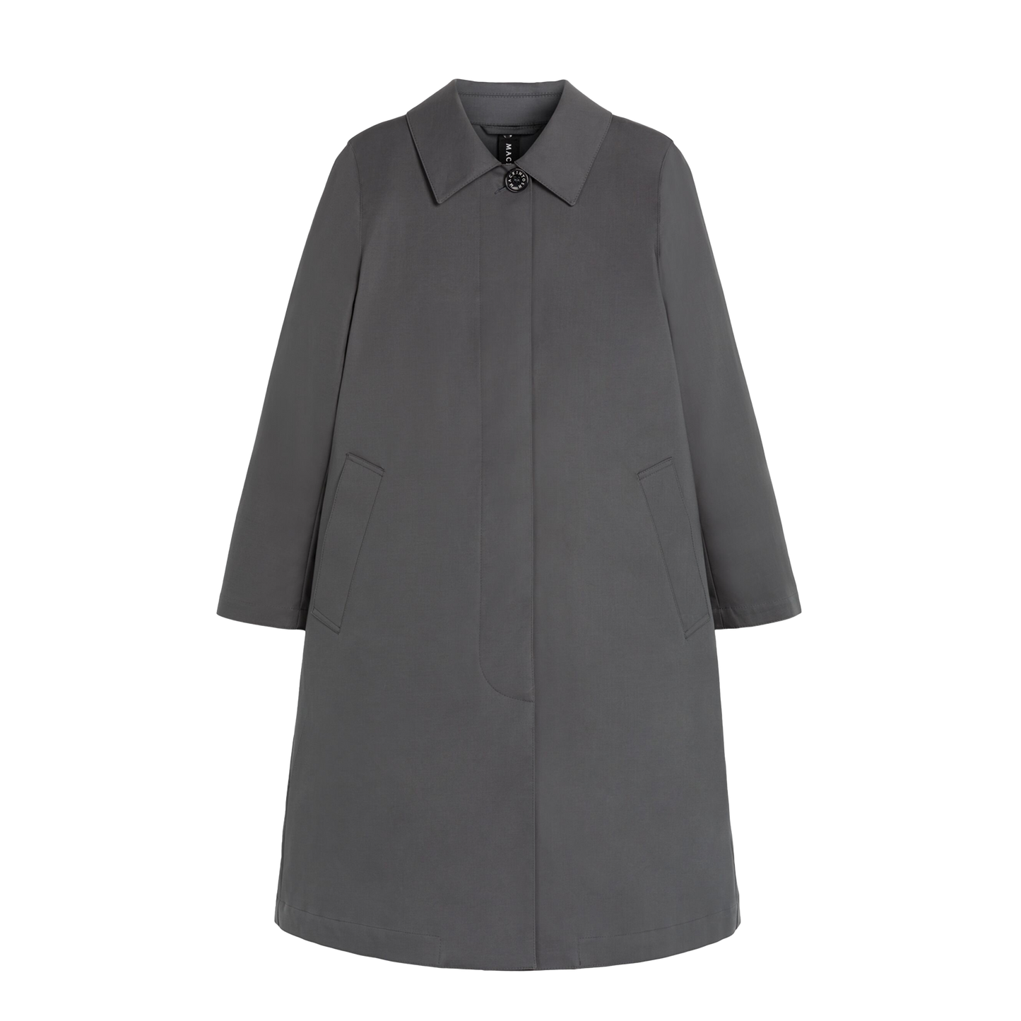 Introducing the W Banton by Mackintosh: a gray long coat with a classic collar and concealed buttons, made from water-repellent cotton for enhanced durability. Its A-line silhouette provides timeless elegance, complemented by the practicality of two front pockets.