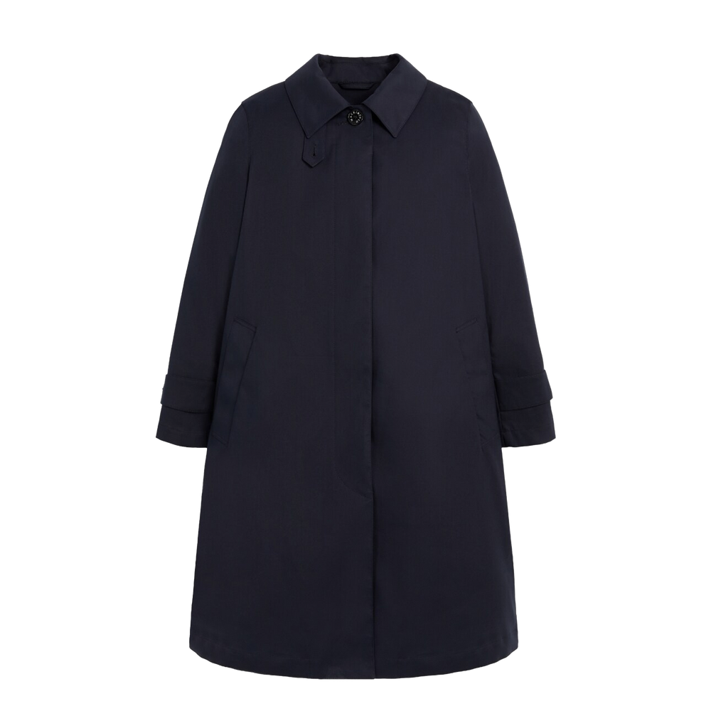 The W Banton trench coat by Mackintosh is a navy blue cotton piece with an A-line silhouette. It features long sleeves, a collar, button details, and side pockets. Crafted from water-repellent material for a stylish yet practical wear.