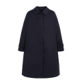 The W Banton trench coat by Mackintosh is a navy blue cotton piece with an A-line silhouette. It features long sleeves, a collar, button details, and side pockets. Crafted from water-repellent material for a stylish yet practical wear.