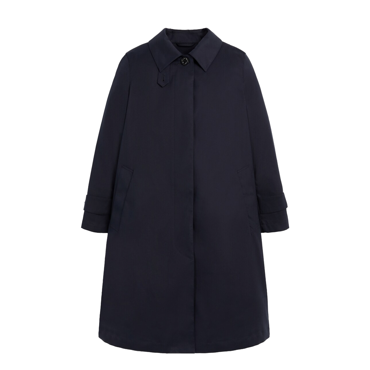 The W Banton trench coat by Mackintosh is a navy blue cotton piece with an A-line silhouette. It features long sleeves, a collar, button details, and side pockets. Crafted from water-repellent material for a stylish yet practical wear.